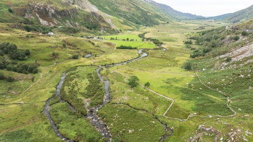 A view stretching down the valley of Nant Ffrancon in Eryri, Wales